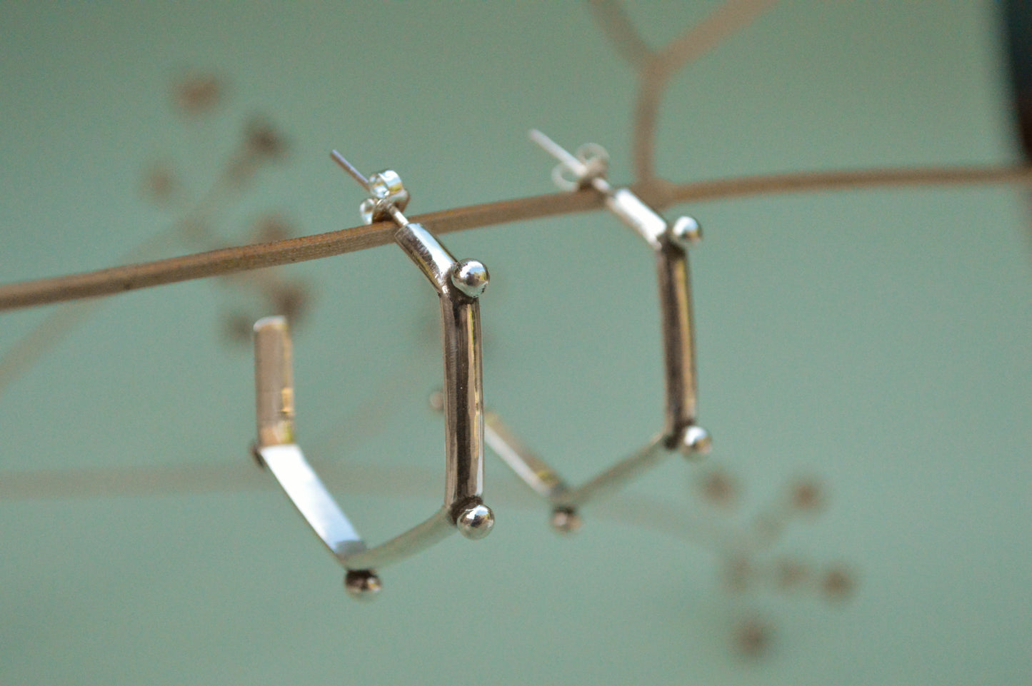 designer sterling silver hexagonal hoops, contemporay handcrafted jewelry with rock chic vibe